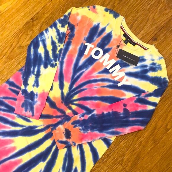 Tommy Hilfiger Blue, Red, Yellow Tie Dye Long Sleeve Dress Size Small - Picture 1 of 8
